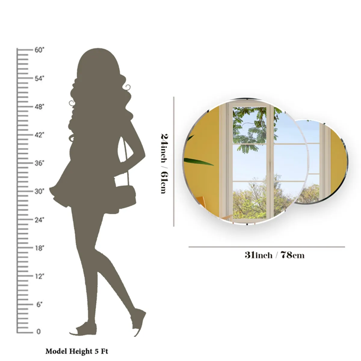 Round silver wall mirror shown beside a height scale for size reference