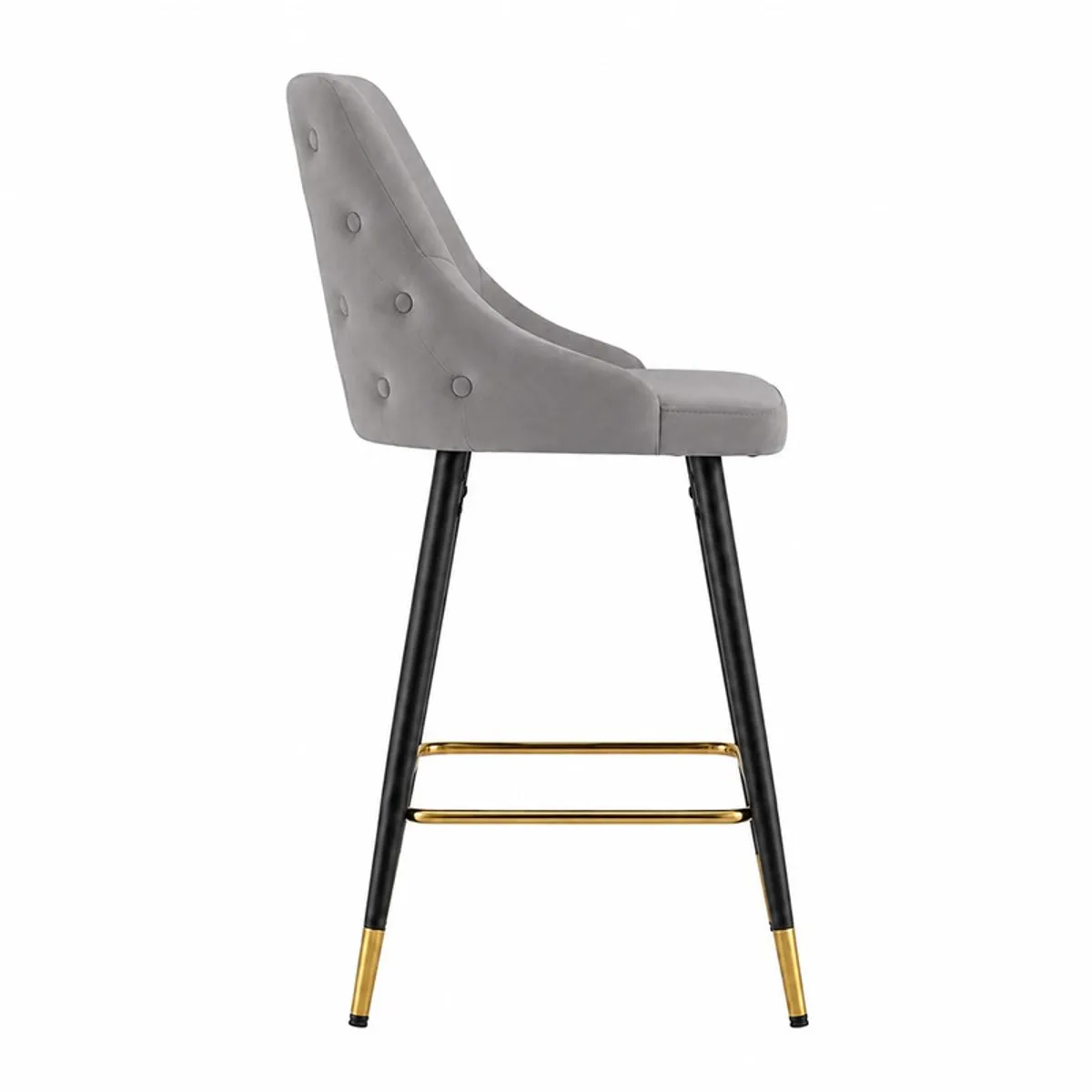 Side view of grey upholstered bar chair with button-tufted back