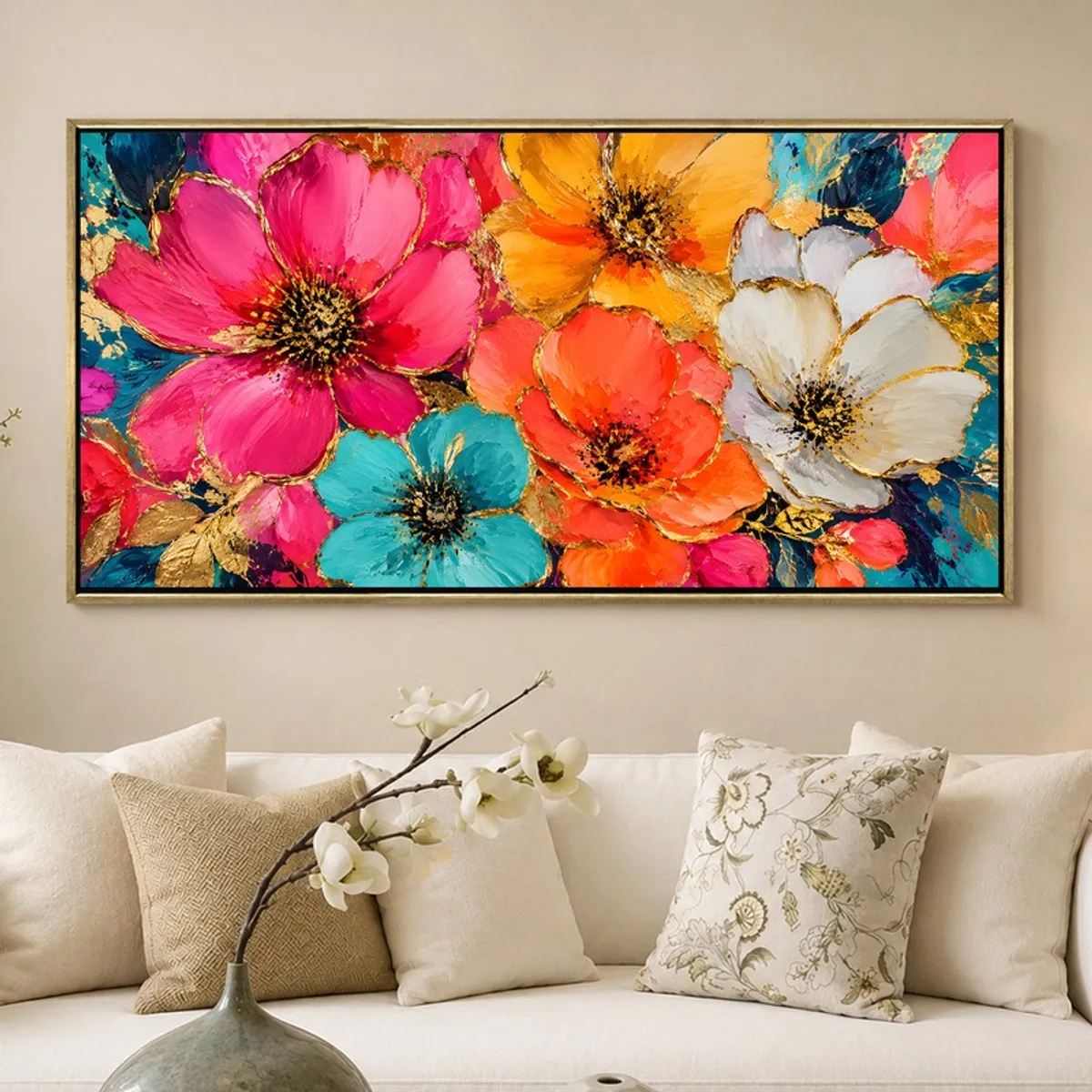 Large rectangular floral wall painting with vivid flowers and gold accents above a cream sofa