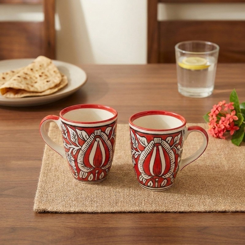Warm Sips Ceramic Coffee Mugs (Red & White/300 mL Each) - Set of Two - 300 mL