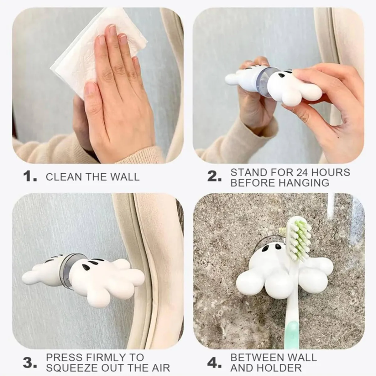 Collage showing wall hook placement steps and a toothbrush held between the hook and wall