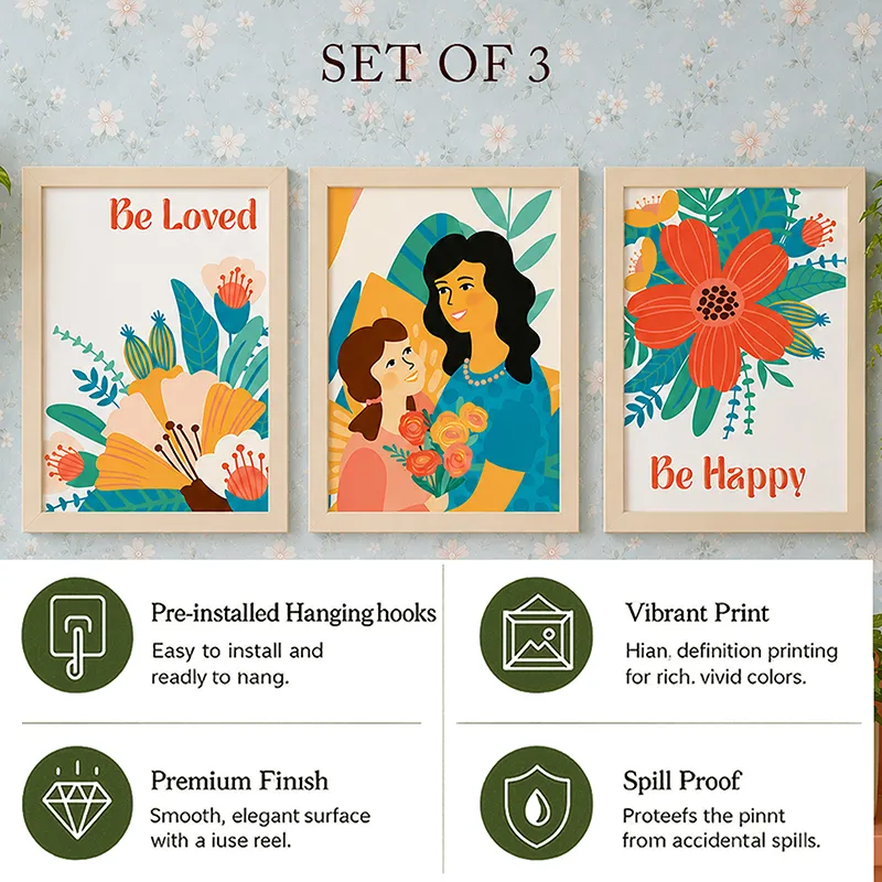 Three framed art prints shown together with set of three graphic below