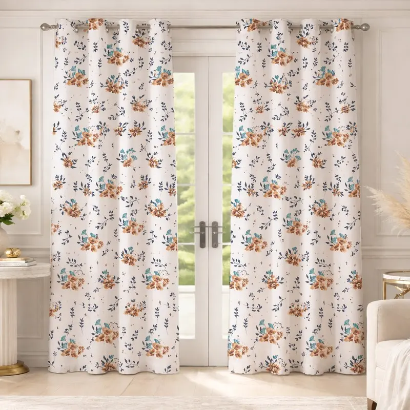 Bloom Veil Printed Cotton Curtains (Brown) - Set of Two