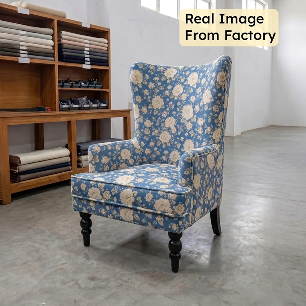 Vintage Blue Blossom Teak Wood & Velvet Printed Lounge Chair