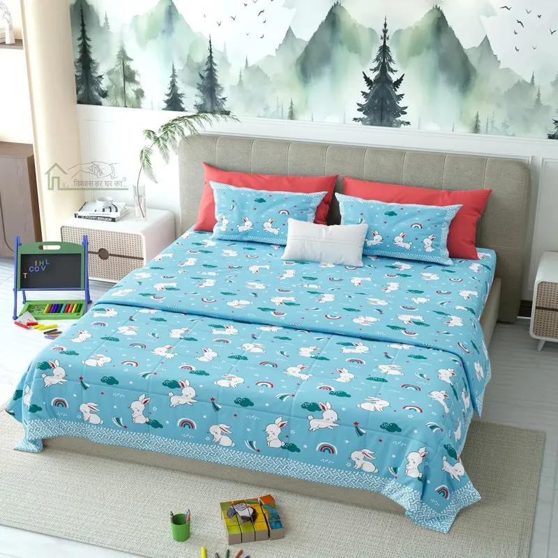 Bunnio Printed Cotton Kids Bedsheet (Blue) - 120 TC