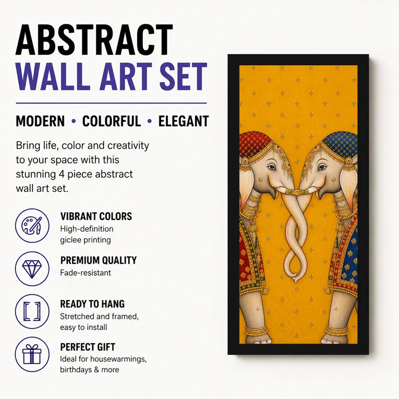 Single framed yellow Pichwai elephant painting shown in a promotional layout.