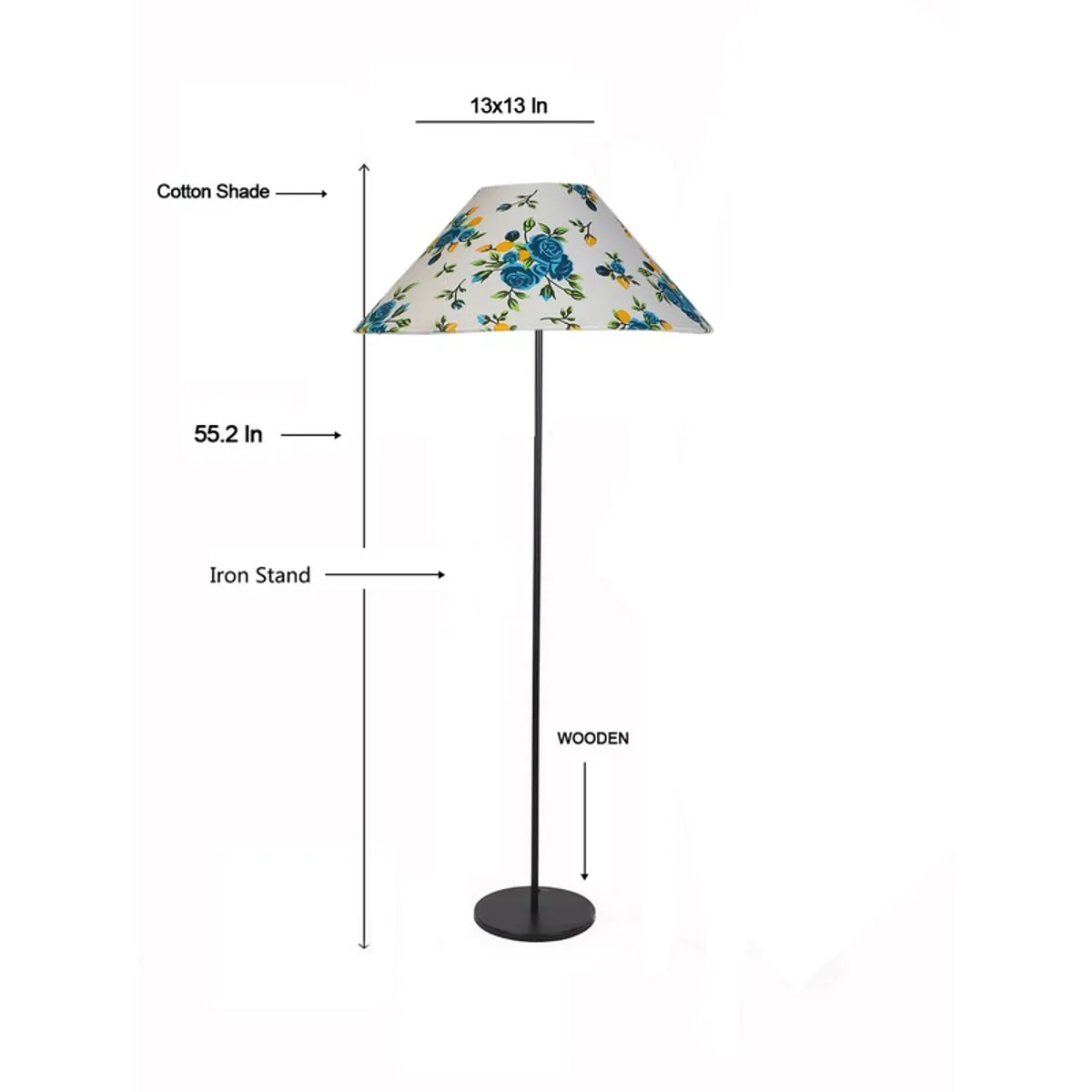 Floral floor lamp shown on a white background with dimension arrows