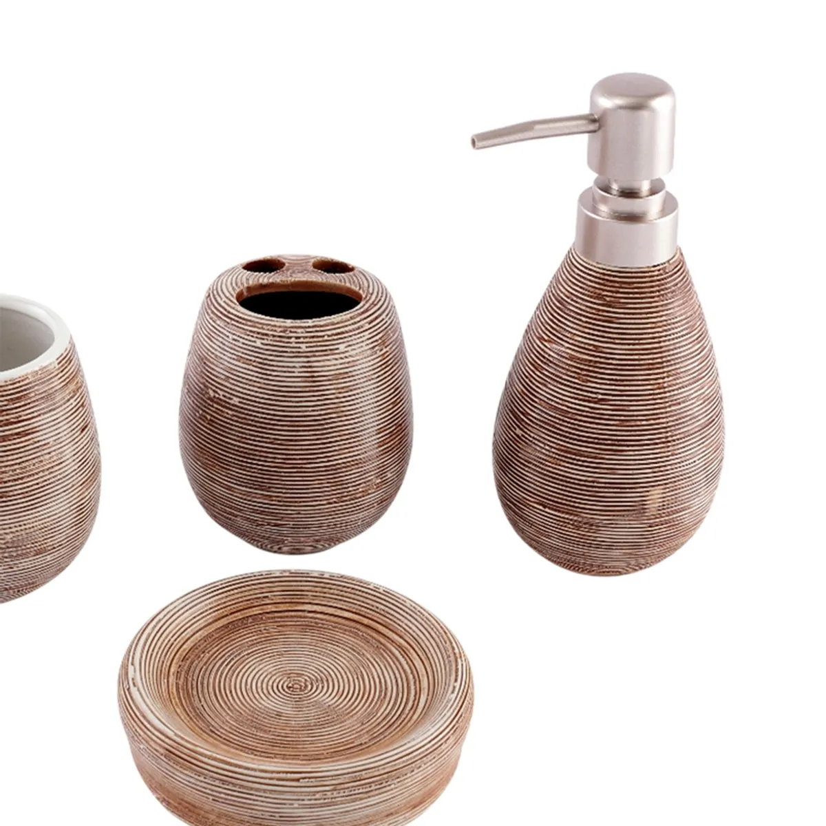 Close view of brown ceramic bathroom set with textured horizontal detailing