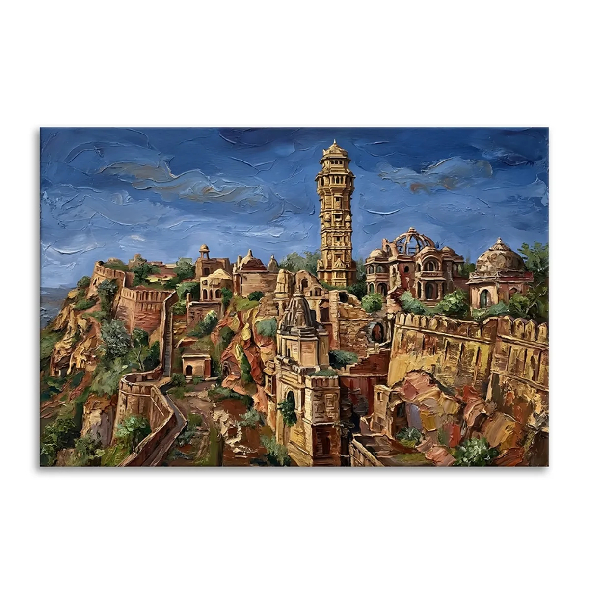 Rectangular canvas painting of an ancient fort and towers against a blue sky