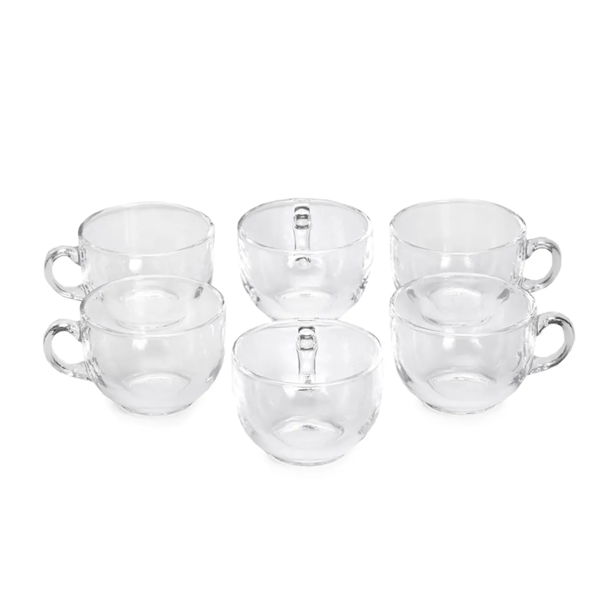 Six transparent glass tea cups displayed together on a white background