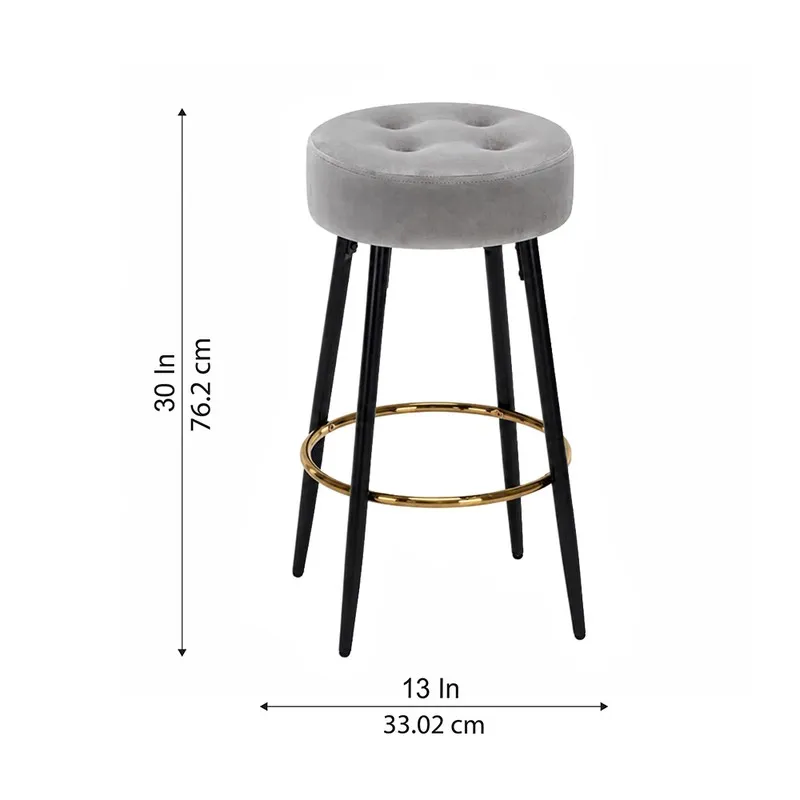Grey round bar stool with height and width shown visually