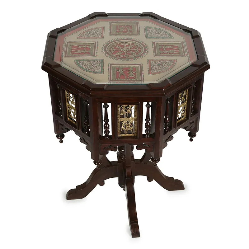 Front view of a dark brown side table with an octagonal patterned top on a white background