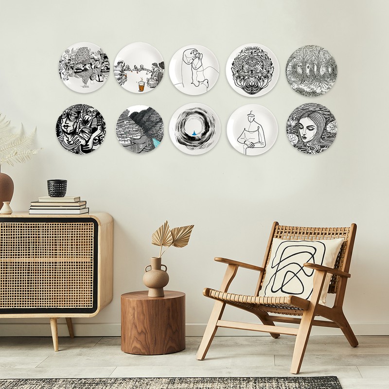 Monochrome Decorative Ceramic Wall Plate - Set of Ten