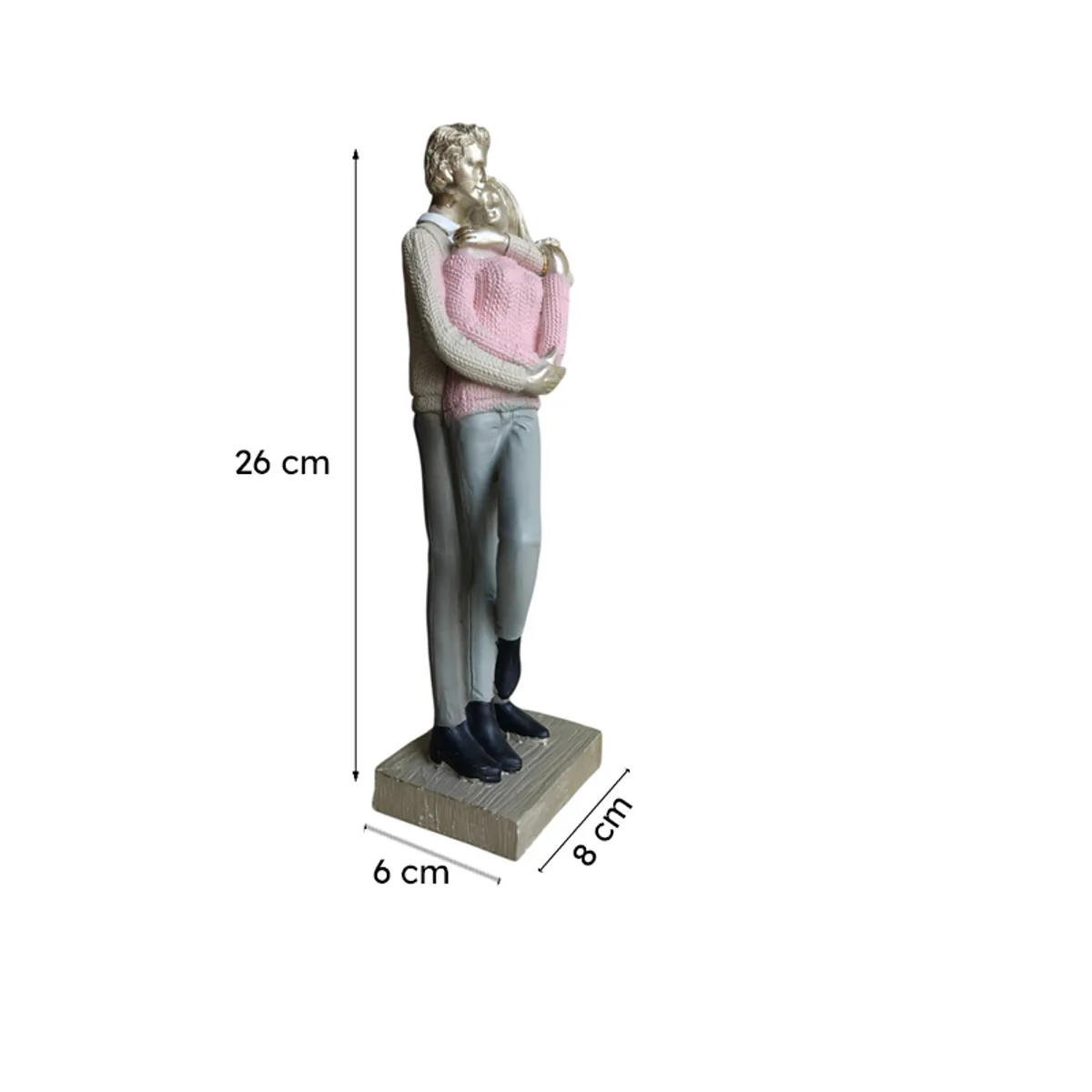 Couple figurine shown with labelled dimensions of 26 cm by 8 cm by 6 cm
