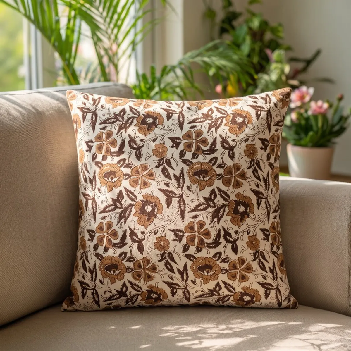 White and brown floral cushion cover on a beige sofa