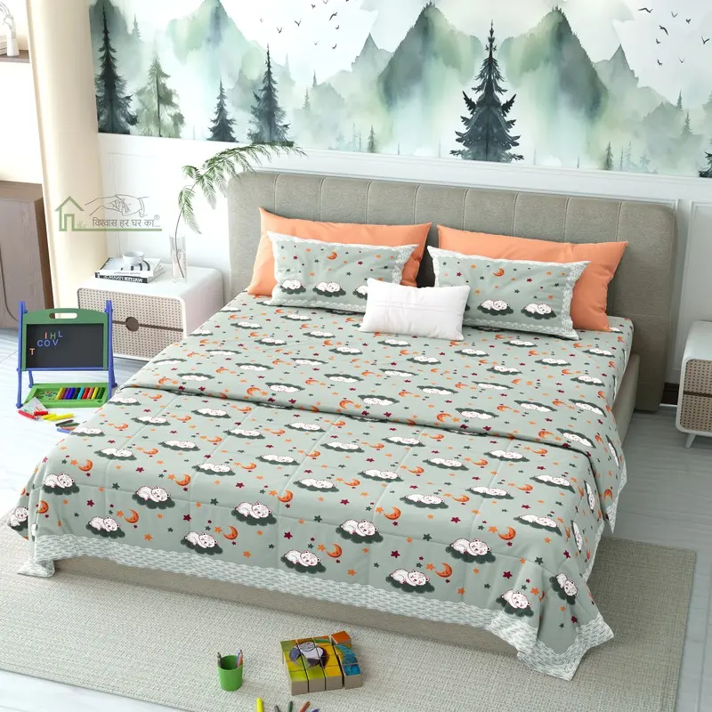 Paw Trails Printed Cotton Kids Bedsheet (Grey) - 120 TC