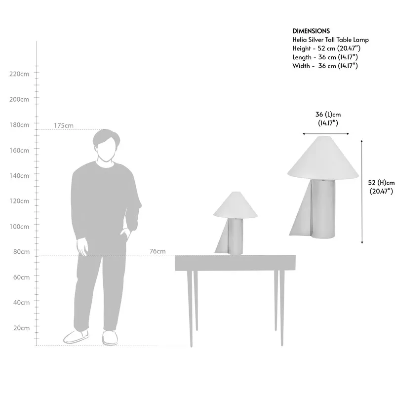 Dimension reference image of the silver table lamp