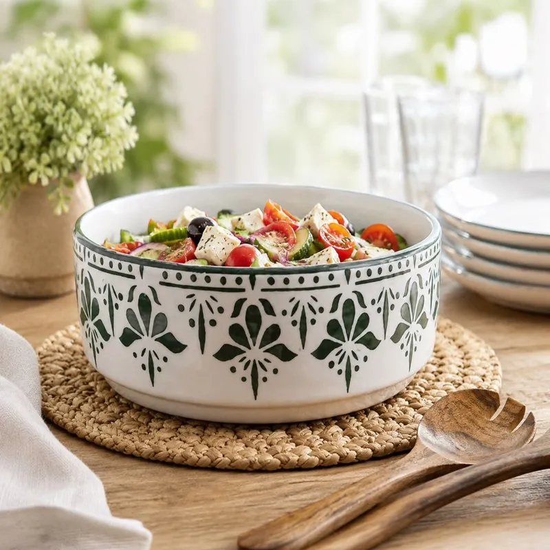 White ceramic bowl with a green floral border filled with salad