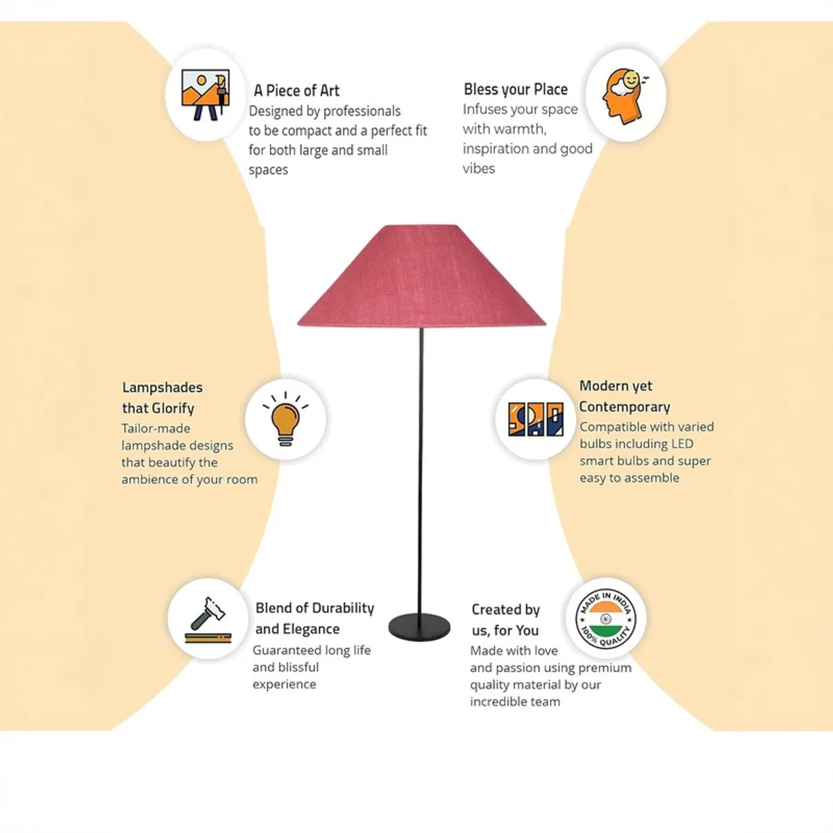 Pink floor lamp infographic with feature callouts on a white background