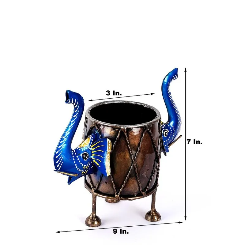 Metal pen stand with blue elephant motifs and dimension markings