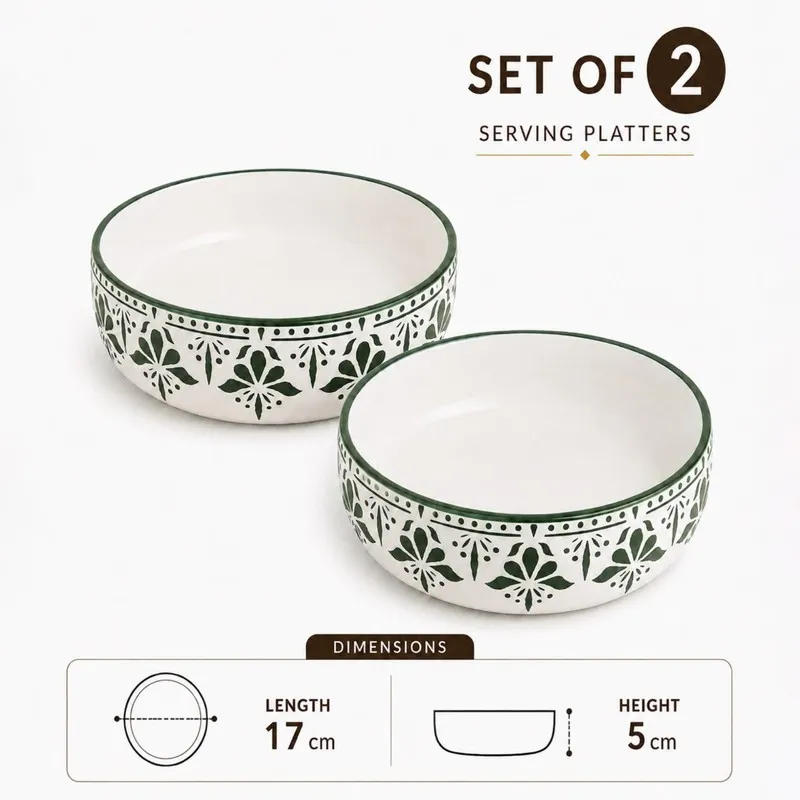 Green floral ceramic bowl shown with prepared food in a kitchen setting