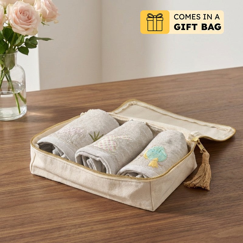 Cushira Applique Bamboo Cotton Face Towels with Canvas Box - Set Of Three - Bundles