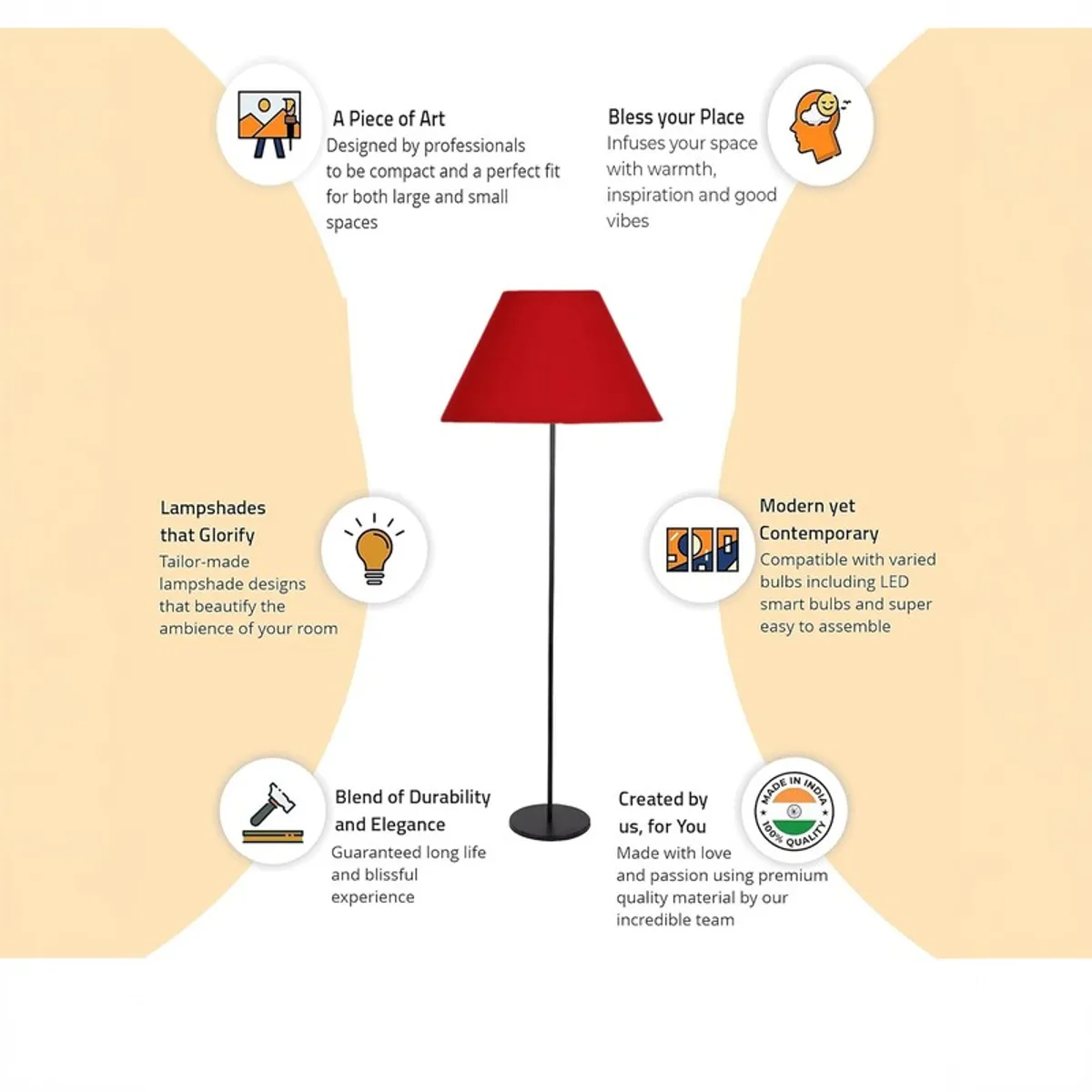 Red floor lamp centred in a feature graphic with circular icons around it.