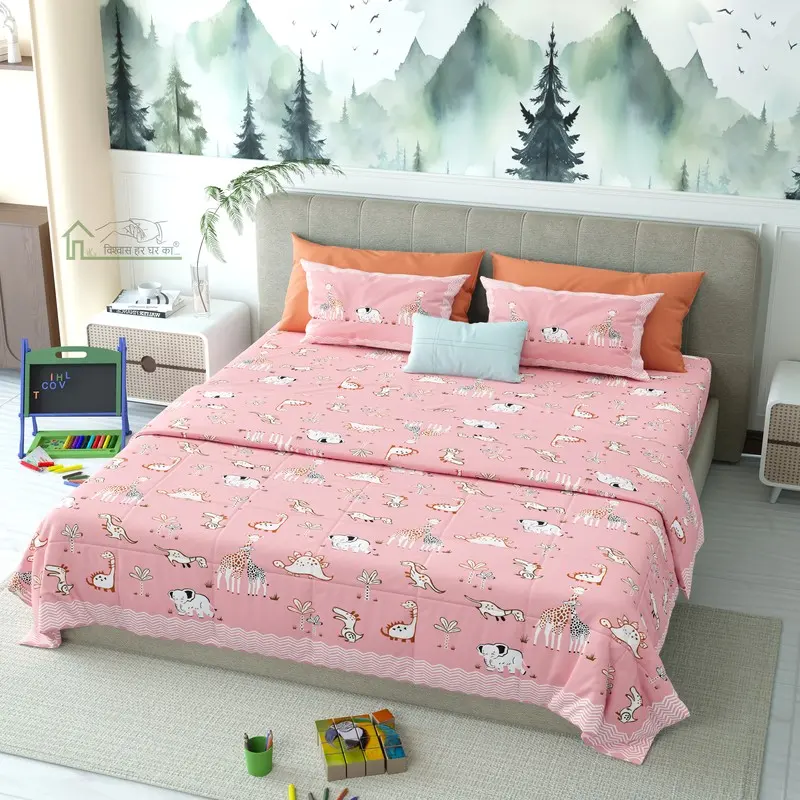 Little Pals Printed Cotton Kids Bedsheet (Pink) - 120 TC