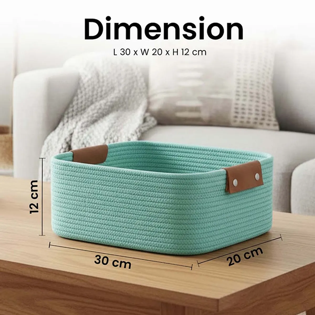 Blue rectangular storage basket shown with printed dimensions on a table