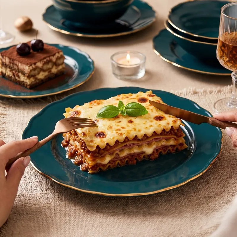 Lasagna served on a dark teal plate with gold rim