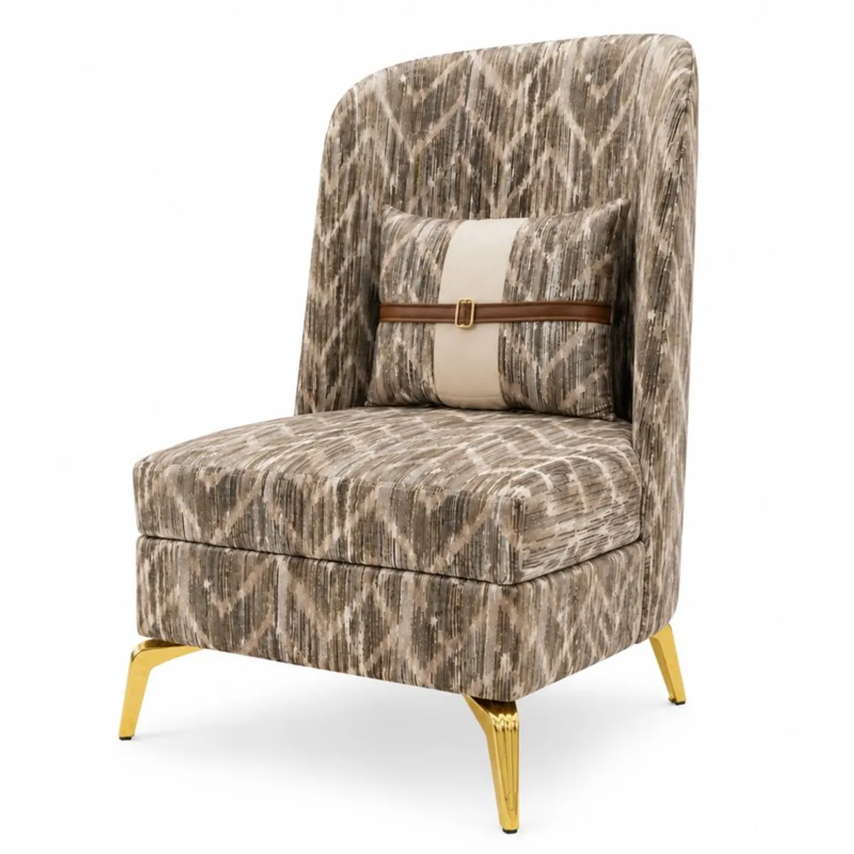 Three-quarter view of a brown and white patterned accent chair