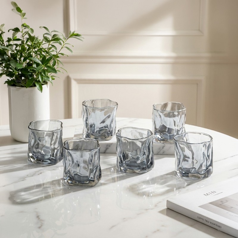 Smoky Gray Sculpted Whiskey Glasses (190 mL Each) - Set of Six - 190 mL