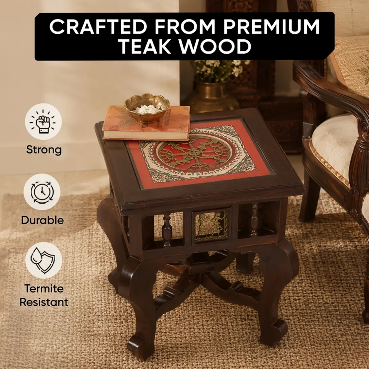 Brown teak side table shown with visible wood construction and ornate legs.