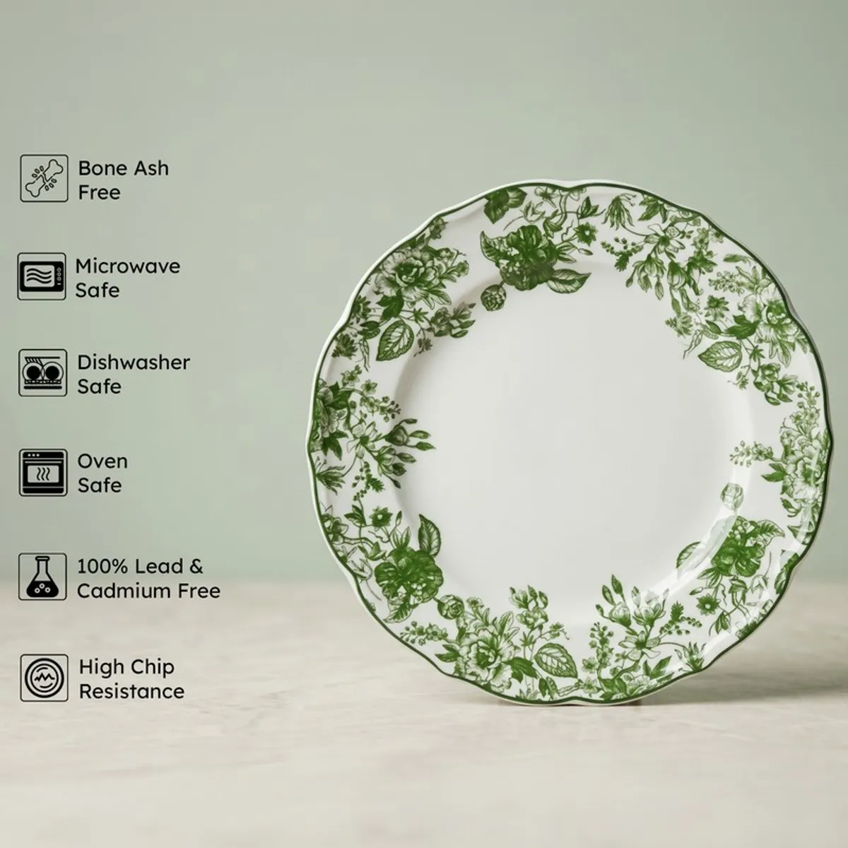 Green and white floral dinner plate shown front facing