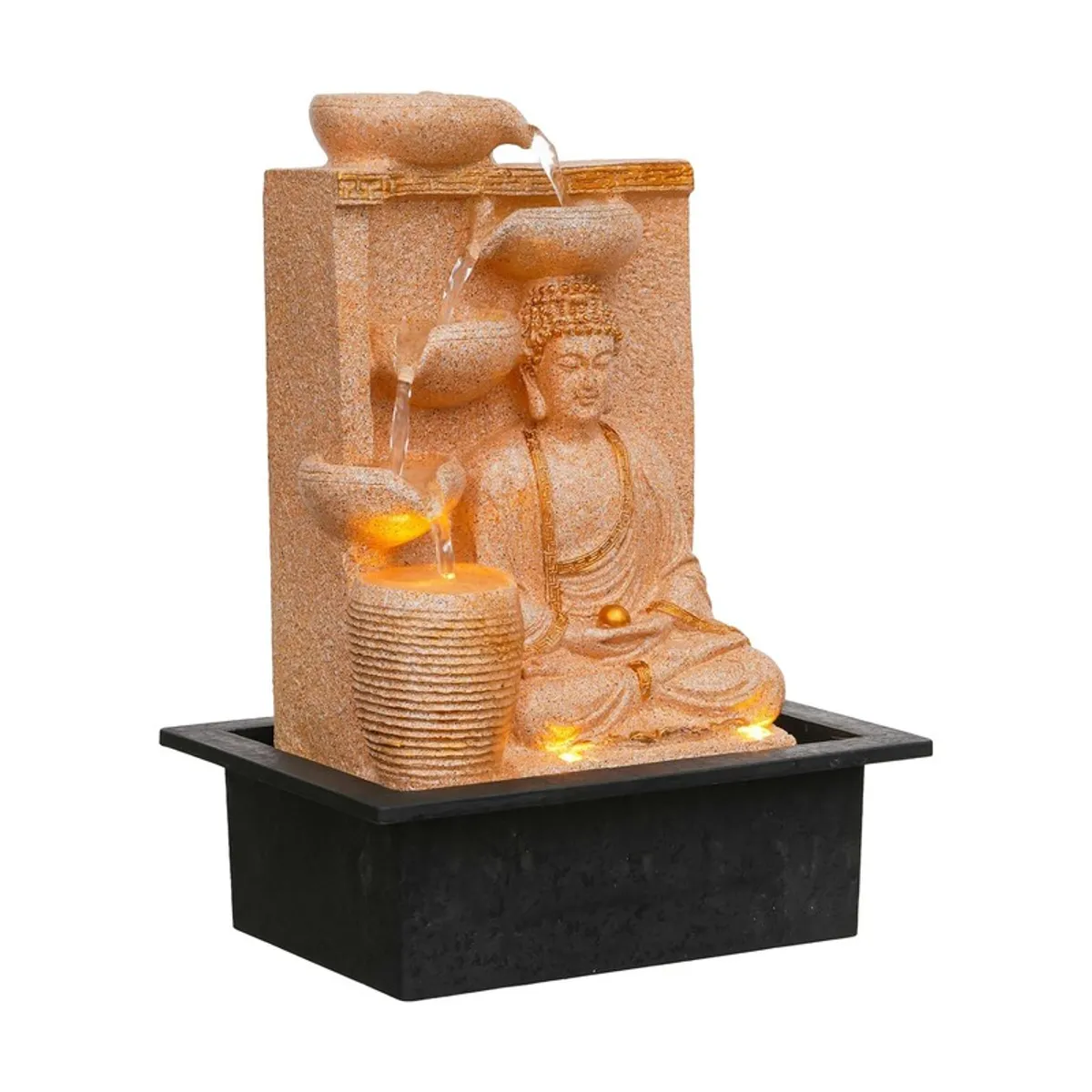 Three-quarter view of Buddha fountain on a white background