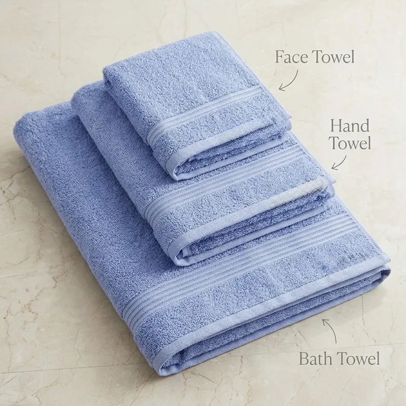 Folded powder blue bath, hand and face towels stacked together