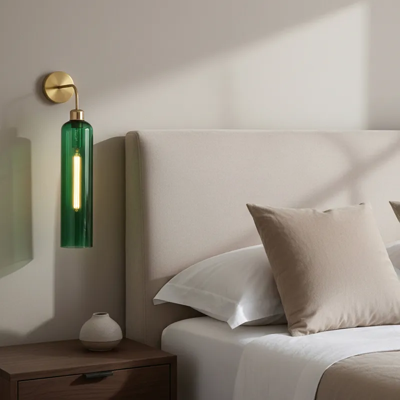 Green glass wall lamp with gold-toned fitting mounted beside a bed