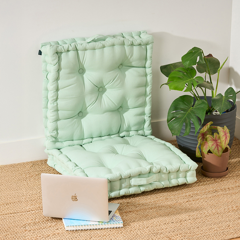Fluffscape Solid Cotton Floor Cushion (Sage Green) - Set Of Two - S