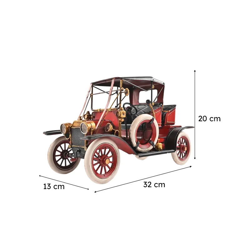 Red vintage car showpiece with dimensions marked on a white background
