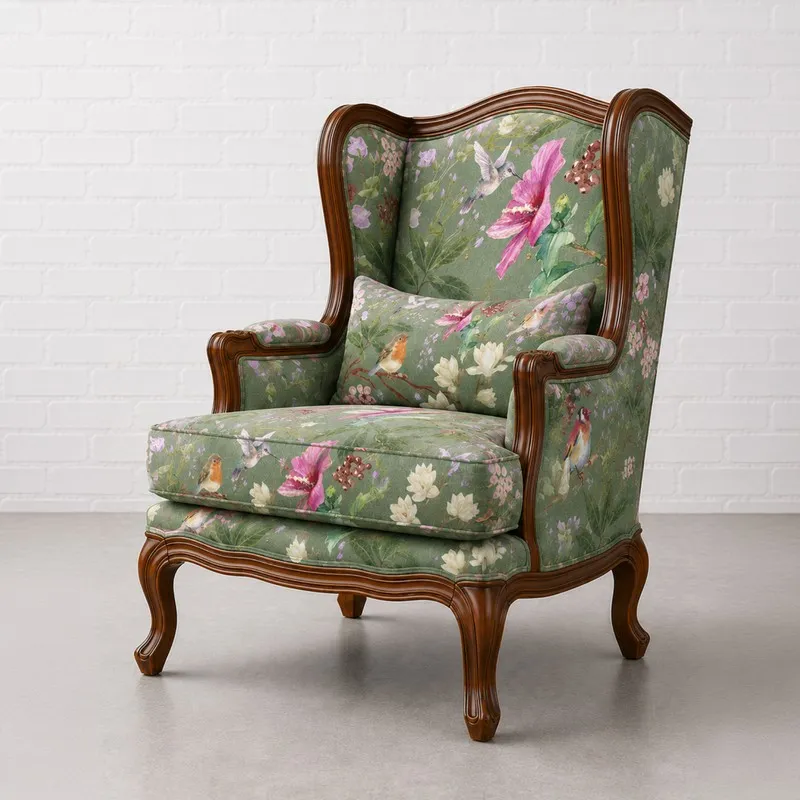 Green floral and bird print lounge chair with carved wooden frame