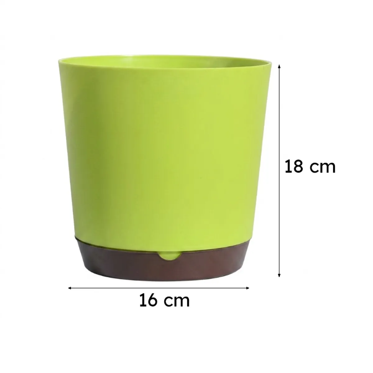 Single bright green planter with brown base shown front on