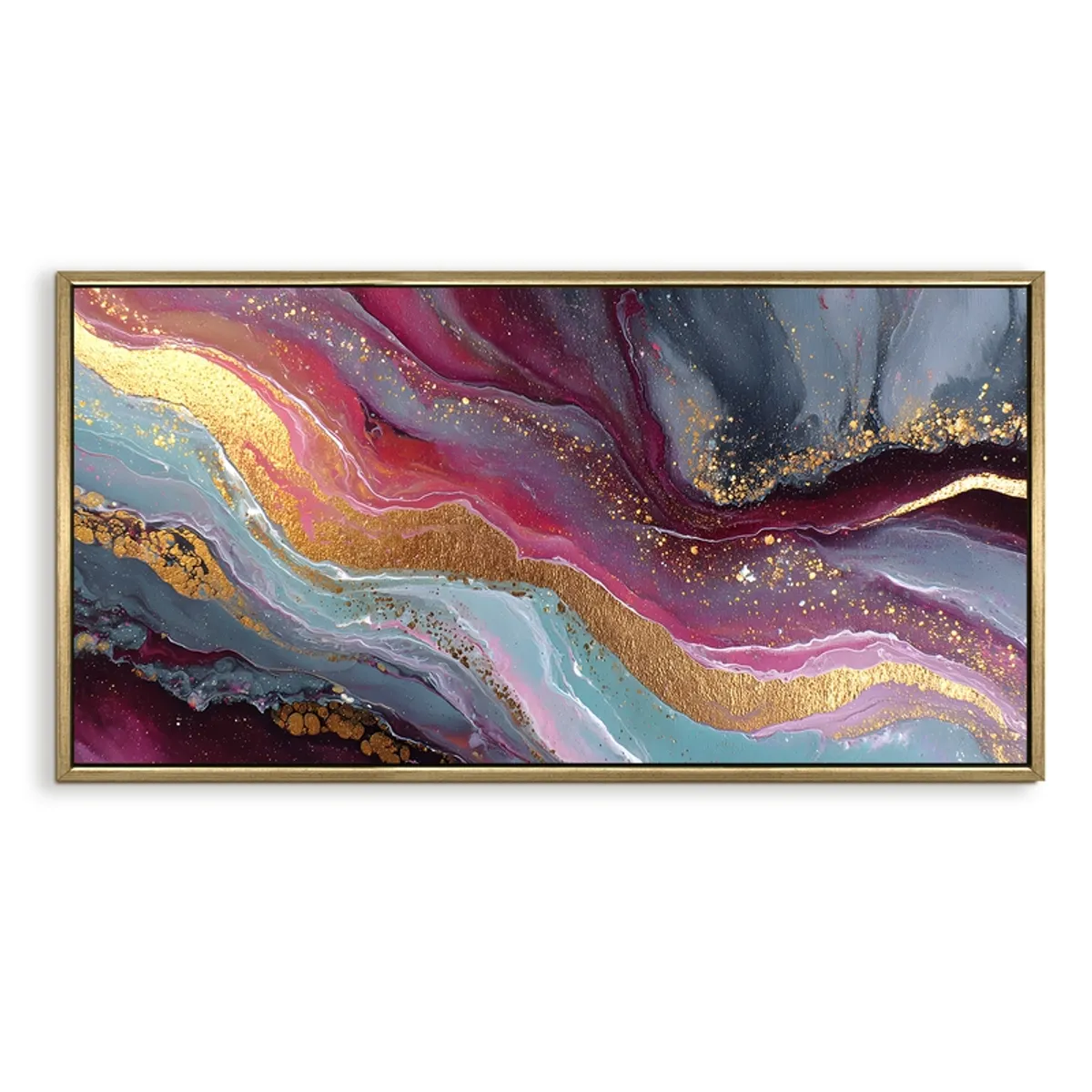 Rectangular framed abstract canvas painting with flowing gold, purple and blue bands