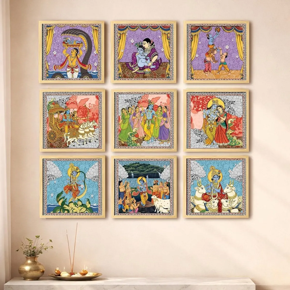 Nine square framed Krishna Leela paintings arranged in three rows on a wall