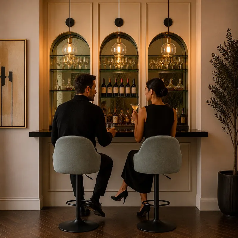 Two grey bar chairs placed at a home bar with warm lighting