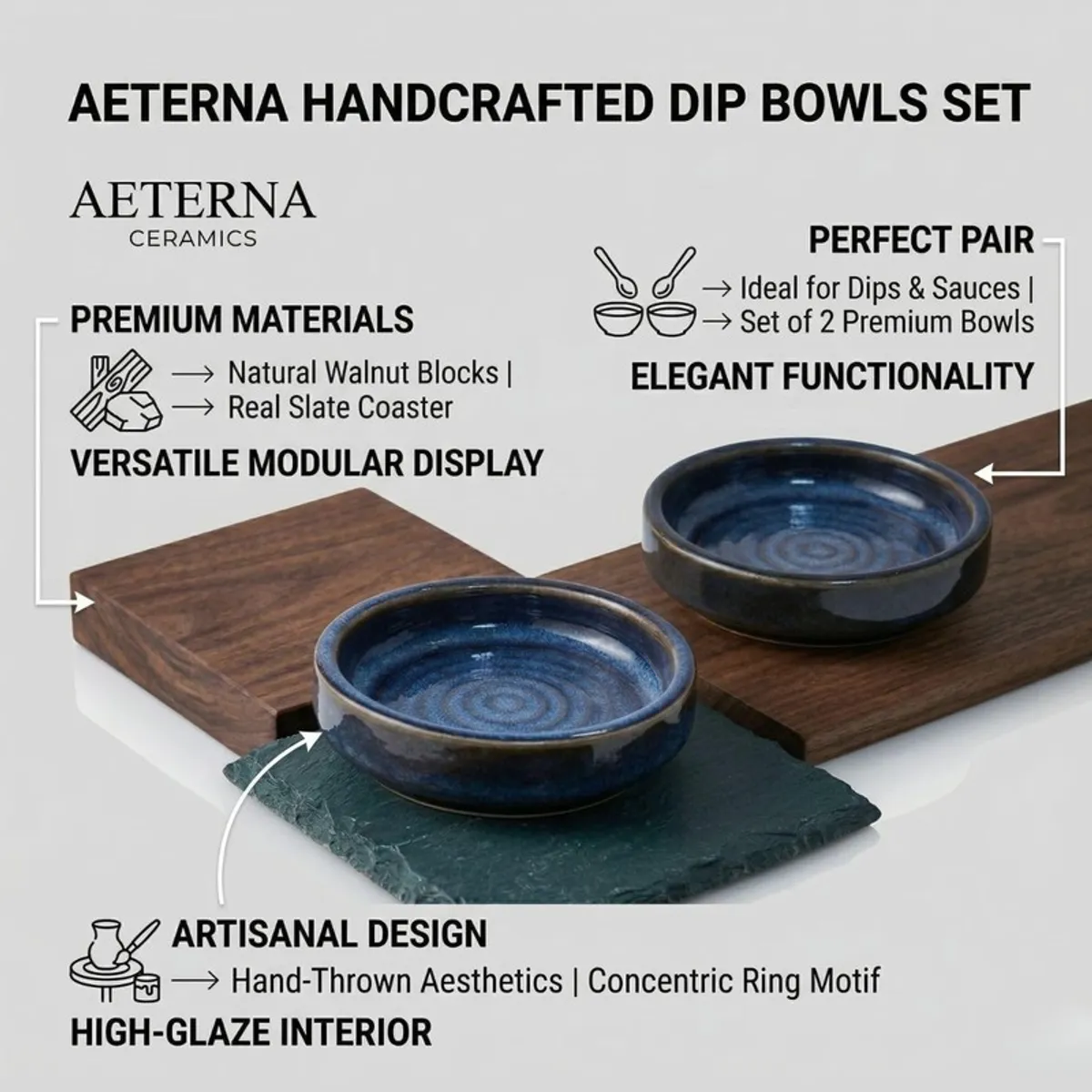 Two blue ceramic dip bowls displayed on wooden and slate boards