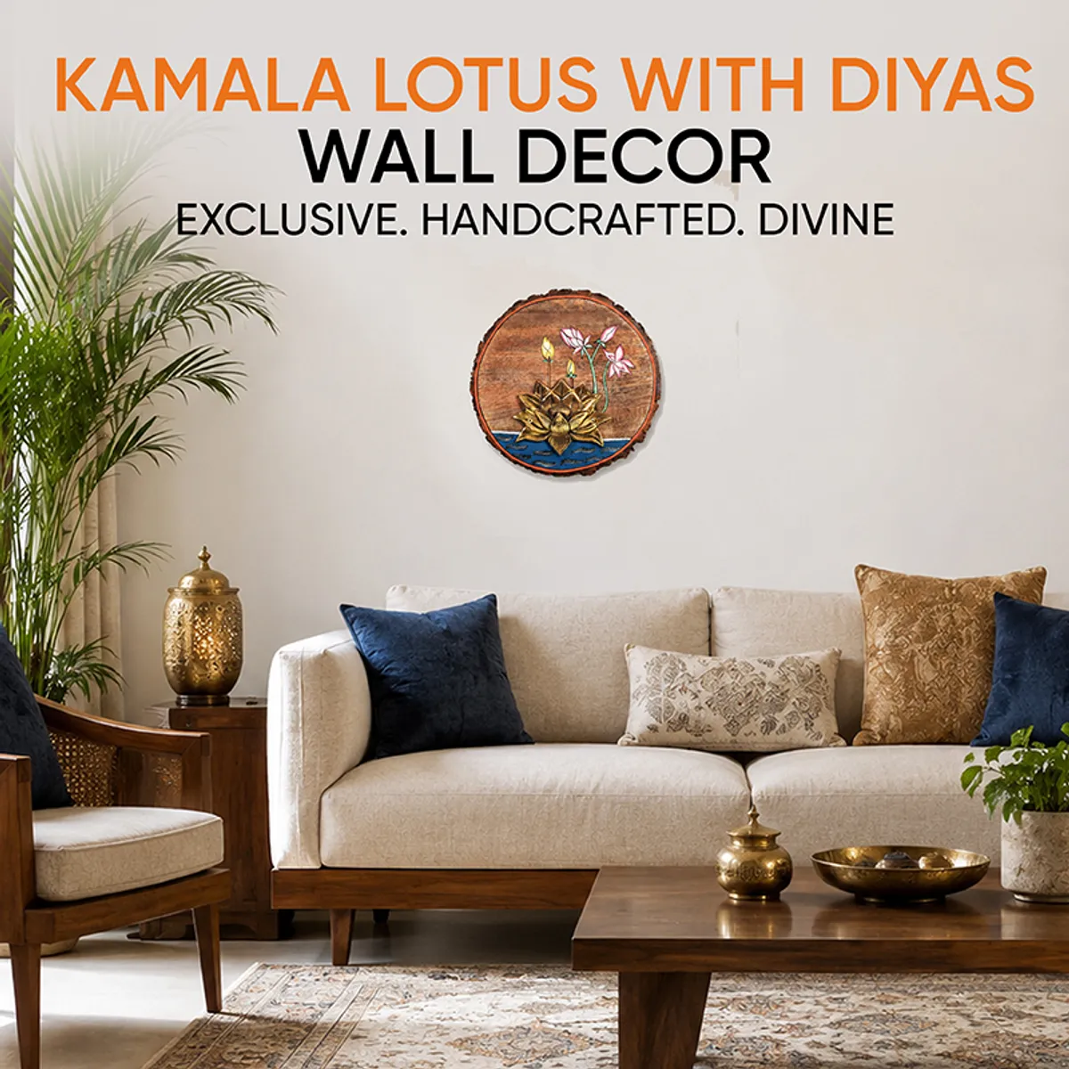 Round lotus wall accent displayed above a living room sofa.