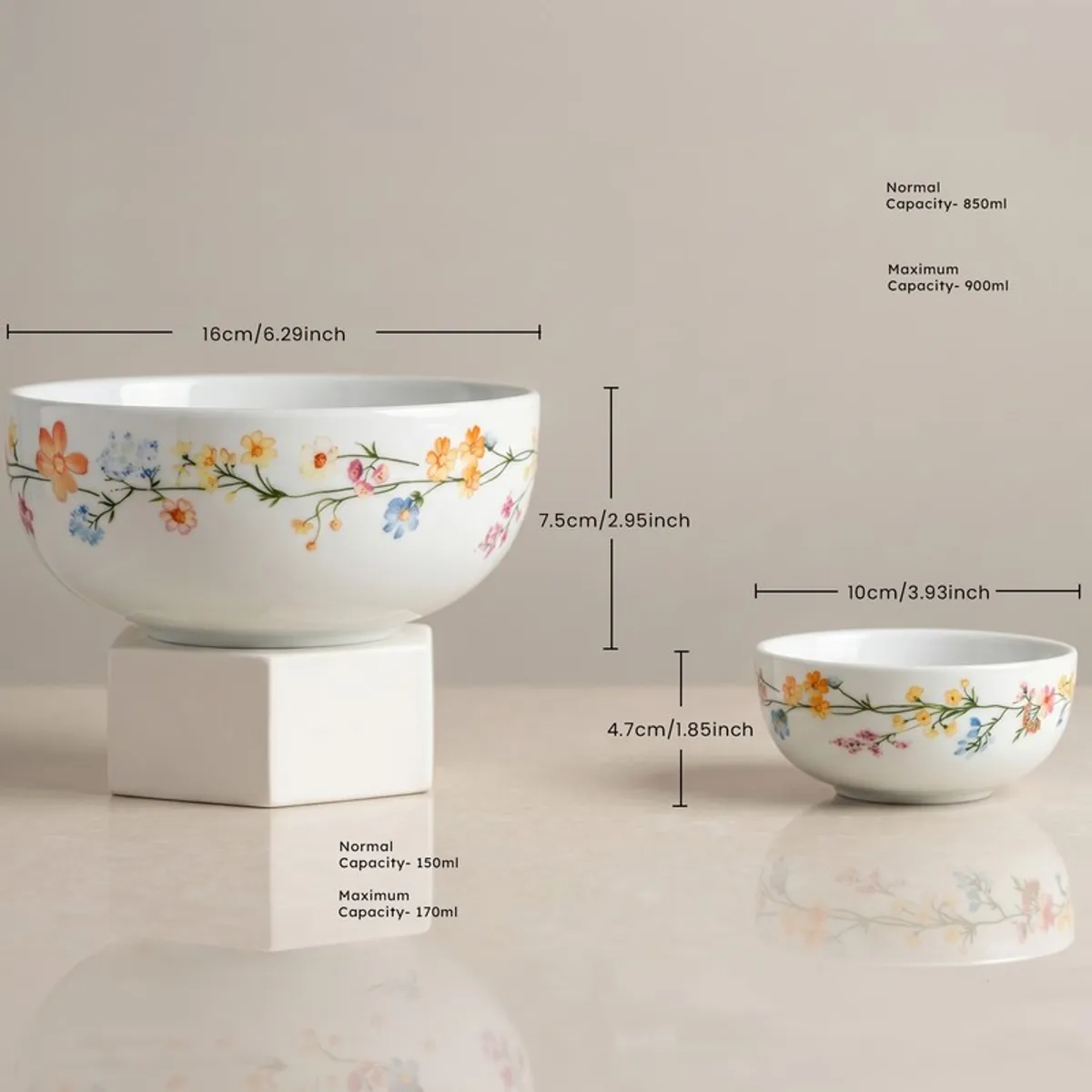 Serving bowl and katori with matching floral border design