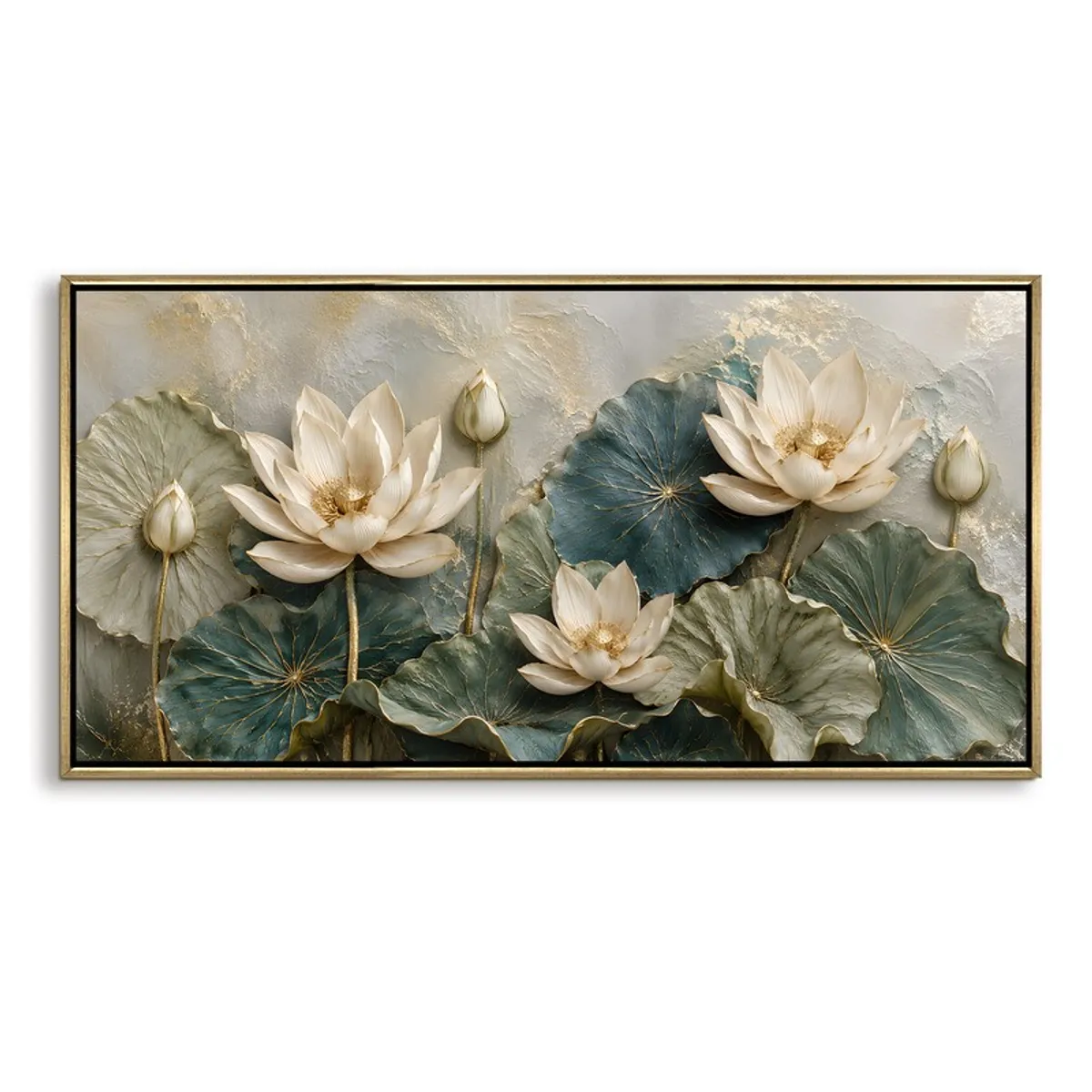 Close view of lotus floral wall painting with white flowers and blue-green leaves in a gold frame