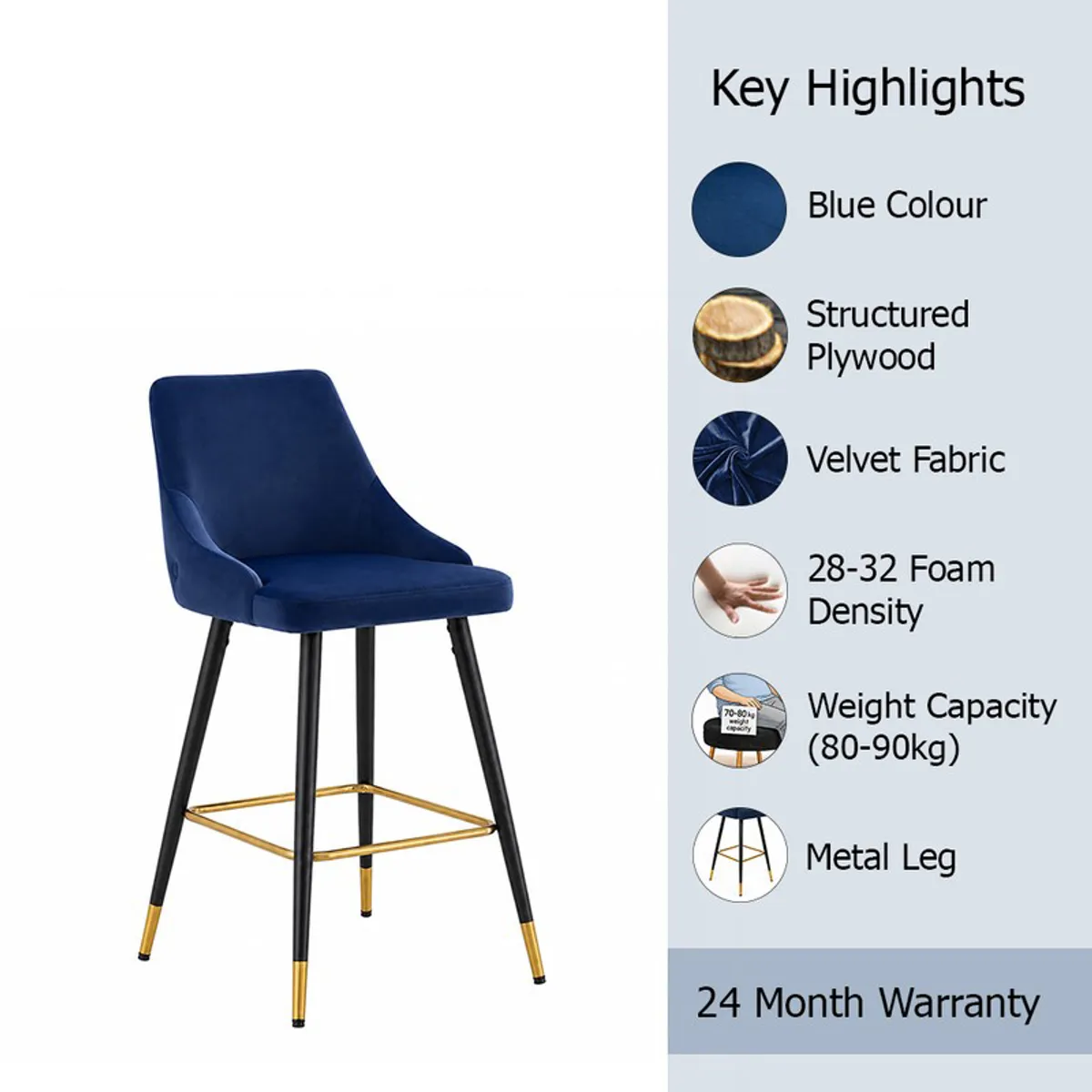 Blue bar chair with feature highlights graphic