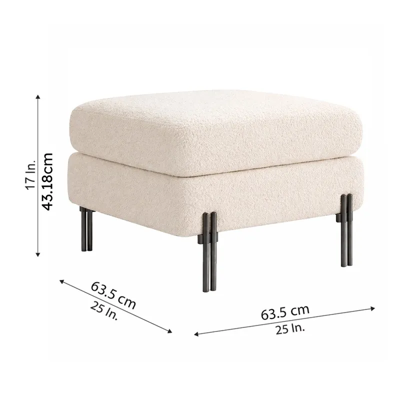 White bouclé ottoman shown with its square proportions and black legs